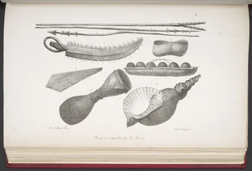 Lanças e utensílios da ilha de Radak, da Voyage pittoresque autour du monde, com retratos de selvagens da América, Ásia, África e das ilhas do grande oceano; paisagens, vistas marítimas e vários objectos de história natural; ac