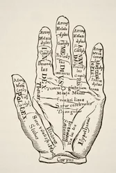 Exemplo da mão esquerda com as linhas e as suas denominações horoscópicas, de "Ciência e literatura na Idade Média", de Paul Lacroix, publicado em Londres em 1878