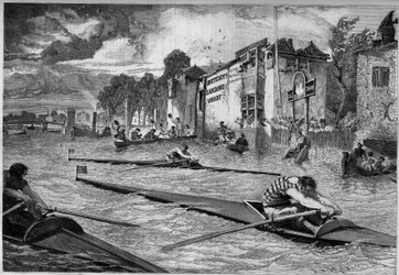 Competição desportiva: corrida de canoa (outrigger) no Tamisa. Inglaterra