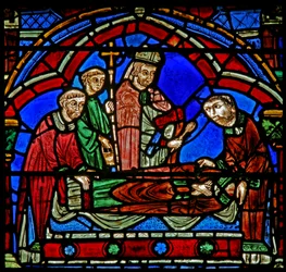 Janela de São Cheron: bispo e diáconos em seu novo túmulo (w15)