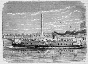 Barco a vapor (com rodas) destinado a fazer o serviço omnibus no Sena em Paris durante a Exposição Mundial de 1867 - gravura, final do século XIX