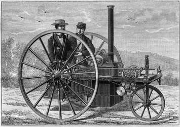 Carro a vapor, sistema Charles Palmers, alimentado por uma caldeira de coque, até uma velocidade de 10 a 12 quilómetros por hora. Gravação em "La Nature". Revue des sciences et de ses applications aux arts et a l