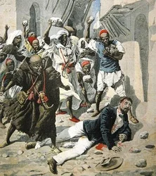 Apedrejando até a morte Doutor Emile Mauchamp em Marrakesh, ilustração da capa do Le Petit Journal, 7 de abril de 1907