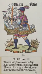 Vendedor ambulante vendendo material de vidro, de Cris de Paris, c.1515 (gravura em madeira colorida)