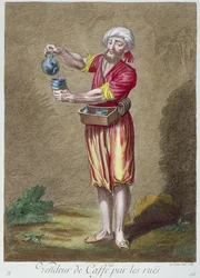 Vendedor de rua vendendo café, da Coleção de Gravuras de Trajes do Levante, gravada por G. Scotin, 1707-08