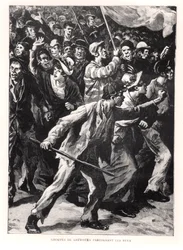 Grevistas demonstrando nas ruas de Chicago durante os motins Pullman de 1894, c.1895
