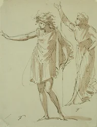 Estudo de duas figuras drapeadas de forma clássica, c.1790 (caneta e tinta e papel lavado)