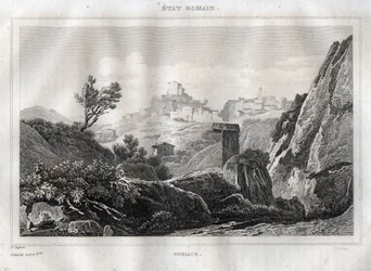 Subiaco Lazio na Cidade Metropolitana de Roma - Gravura de "Picturesque Italy" de M. de Norvins, Ch. Nodier 1834-1836.