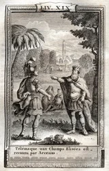 Telemaque estar nos Champs Elisees é reconhecido por Arcesius - gravura de 1798 depois de Monnet em "Les Aventures de Telemaque, fils d