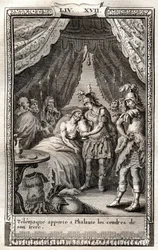 Telemaque cuida das feridas de Phalante e traz-lhe as cinzas do irmão - gravura de 1798 depois de Monnet em "Les Aventures de Telemaque, fils d