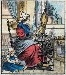 Têxtil, linho. Uma mulher usa uma roda giratória mecânica para girar o linho. Gravura. Imagem epinal do final do século XIX.