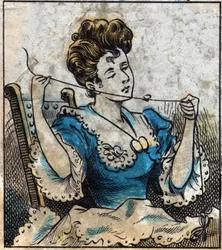 Têxtil, linho. Mulher a usar uma bola para usar linhas de costura. Gravura. Imagem epinal do final do século XIX.