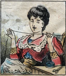 Têxtil, linho. Mulher que usa cápsulas para usar fios de costura. Gravura. Imagem epinal do final do século XIX.