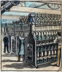 Têxtil, linho: a oficina. Transformar as fitas em brocas e depois em fios usando metiers giratórios. Gravação. Imagem epinal do final do século XIX.