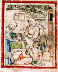 Thamar (Tamar) dá à luz dois gêmeos, Perets e Zerah, filho de Judá, Miniatura do códice 212 (ou codice padovano ou Bíblia de Pádua) 1390-1400