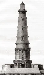 O farol Cordouan do século XVII, perto da foz do estuário da Gironda, em França, visto aqui após a sua extensão no século XVIII, de Les Merveilles de la Science, publicado c.1870 (gravura)