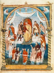 O Abade Vivian rodeado por monges de São Martinho de Tours apresentando o livro a Carlos II o Careca, século IX (miniatura)