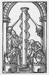 O Alquimista no Trabalho, cópia de uma ilustração de "Coelum Philosophorum", de Philippus Ulstadius, Paris, 1544, usada em uma "História da Magia", publicada no final do século XIX