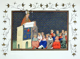 O arcebispo de Canterbury pregando à nobreza inglesa contra Ricardo II, cópia fac-símile de Le Prinse et Mort du Roy Richart de Jean Creton, reimpresso do século XIX