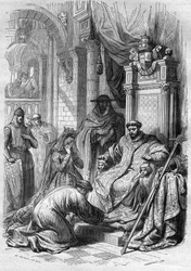 O Arquequeque Saint Dunstan forçou o Rei Edwy da Inglaterra (941-959) a divorciar-se. Gravação em "A história da prostituição e do deboche entre todos os povos do mundo desde a antiguidade até os dias de hoje" pelo Dr. Th. -F. Debray. 1879.