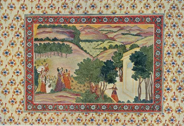 A chegada do inesperado, ilustração de The Arabian Nights, 1895 (gravura a cores)
