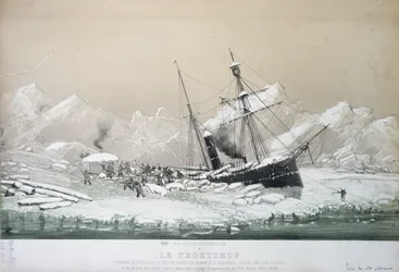 O navio de parafuso austríaco Tegetthof preso no gelo e atacado por ursos polares durante a viagem de exploração ao Pólo Norte 1872-4