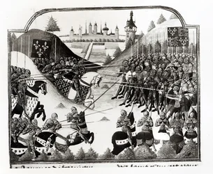 A Batalha de Fromigny, 14 de abril de 1450, ms Fr 2691 fol. 183, de Chronique de Charles VII por Jean Chartier
