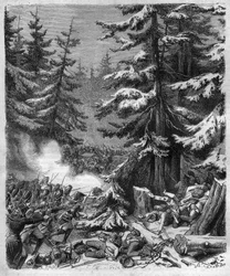 A Batalha de Hohenlinden (perto de Munique, Alemanha) em 12 Frimaire, IX (3 de dezembro de 1800) entre as tropas francesas do General Jean Victor (Jean-Victor) Moreau e as forças austríacas e bávaras comandadas pelo Arquiduque Jean-Baptiste (Jean-Baptiste)