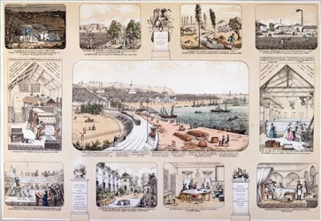 Os benfeitores da humanidade, placa representando grandes invenções, 2ª metade do século XIX (gravura a cores)