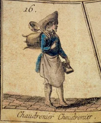 O Caldeireiro Detalhe de um jogo do ganso dos gritos e dos velhos metiers de Paris. Colecção Privada do século XVIII