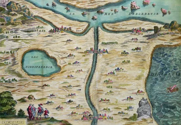 A Carte du Tendre, um mapa de um país imaginário, do volume II de Clelie escrito por Mademoiselle de Scudery, gravado por François Chauveau (1613-76) 1656
