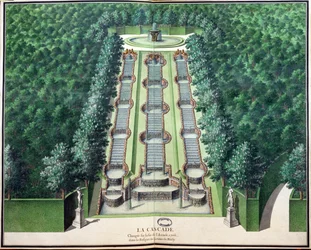 A cascata, alterada no final de 1706, no bosque na colina, de jardins de Marly, início do século XVIII (wc no papel)