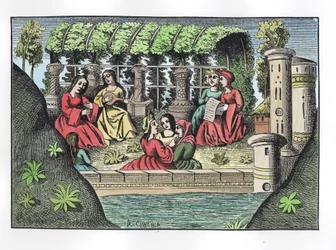 O Castelo de Alamond e seus Encantamentos, de As Viagens de Marco Polo, copiado por Albert Coinchon (d.1871) do manuscrito original (posterior coloração)