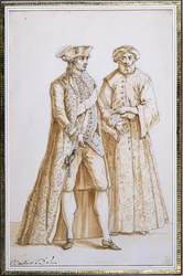 O Comte de Saint-Priest, Embaixador da França na Porta Sublime em Constantinopla, 1768-84 com seu dragomano (intérprete) (tinta nanquim e papel lavado)