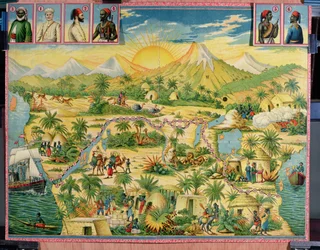 A Conquista da África, jogo de tabuleiro baseado nas viagens de Sir Henry Morton Stanley (1841-1904) e David Livingstone (1813-73) (gravura a cores)