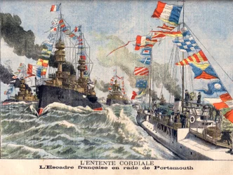 O Cordial Entente. Esquadrão naval inglês no porto de Portsmouth. O Cordial Entente. Ala Francesa em Portsmouth. Ilustração para o jornal Le Petit Journal.