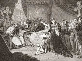O Tribunal para o Julgamento da Rainha Katharine por George Henry Harlow, representando a Sra. Siddons como Rainha Katharine no Henrique VIII de Shakespeare. De Histoire des Peintres, École Anglaise, publicado em 1867 (litho)