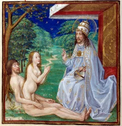 A Criação de Eva da Costa de Adão, no Jardim do Éden. Miniatura tirada de "O espelho da Salvação humana", iluminada pela escola francesa do século XV. Chantilly, Museu Conde