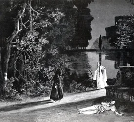 A morte de Pelleas, ato IV, cena 4 de Pelleas et Melisande por Debussy, de uma fotografia da primeira produção em abril de 1902 da ópera na Ópera-Comique em Paris, ilustração no teatro m