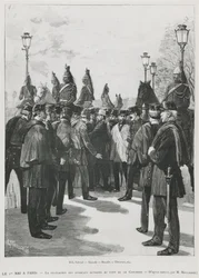 A Delegação dos Sindicatos em Pont de la Concorde durante a manifestação de 1º de maio em Paris, em 1º de maio de 1890, gravada por L. Moulignie, rengraving)