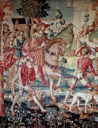 A partida do filho pródigo. Tapeçaria de lã e seda feita em Tournai por volta de 1520. Paris, Museu Nacional da Idade Média, Thermes de Cluny