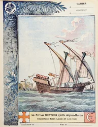 A partida de Saint Louis em seu navio o Montjoie de Aigues-Mortes em 25 de agosto de 1248, ilustração da capa de um livro de exercícios escolares, c.1900