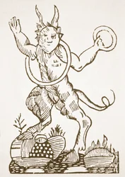 O Diabo apontando tesouros escondidos, cópia de uma ilustração de Le Véritable Dragon Rouge, Lille 1521, usada numa História da Magia, publicada no final do século XIX