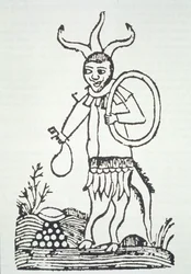 O Diabo apontando Tesouros Escondidos, cópia de uma ilustração de Le Veritable Dragon Rouge, 2ª versão, Lille 1521, usada em uma História da Magia, publicada no final do século XIX