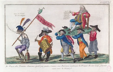 O Doyen dos Fermiers Generaux é carregado pelos seus guardas para o Nada, 1791 (aquatinta colorida à mão)