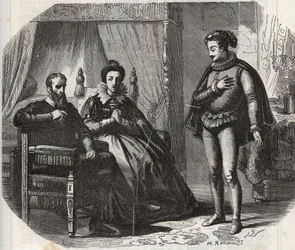 A Duquesa de Cléves, Maria von Julich Duquesa de Juliers e Berg (1491-1543), toma conhecimento da dissolução do casamento entre sua filha, Ana de Cléves (1515-1557), e o Rei da Inglaterra Henrique VIII (1491-1547) em 1540. Gravura de 1871 em "Hist