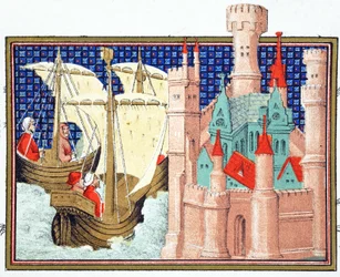 O Duque de Salisbury chegando ao Conway Castle da Irlanda, cópia fac-símile de Le Prinse et Mort du Roy Richart por Jean Creton, reimpresso do século XIX