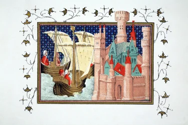 O Duque de Salisbury chegando ao Conway Castle da Irlanda, cópia fac-símile de Le Prinse et Mort du Roy Richart por Jean Creton, reimpresso do século XIX