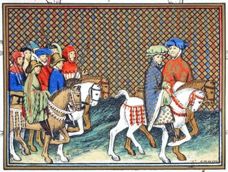 Os duques de Exeter e Surrey enviados por Richard II do castelo de Conway para Chester para tratar com o duque de Lancaster, cópia fac-símile de Le Prinse et Mort du Roy Richart por Jean Creton, reimpresso 19