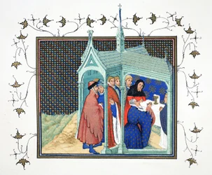 O Conde de Northumberland em Missa Alta na Capela do Castelo de Conway, tendo o seu juramento traiçoeiro e fatal, cópia fac-símile de Le Prinse et Mort du Roy Richart por Jean Creton, reimpresso do século XIX
